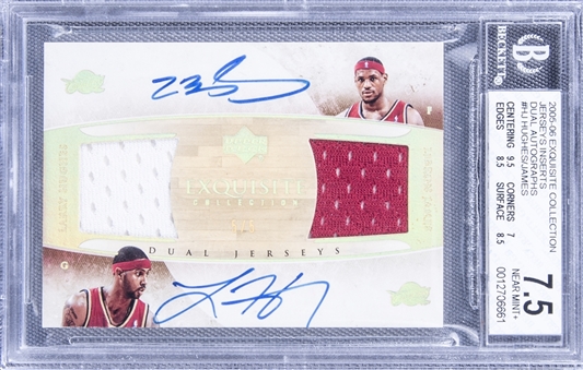 2005-06 UD "Exquisite Collection" Jerseys Inserts Dual Autographs #HJ Larry Hughes/LeBron James Signed Game Used Patch Card (#5/5) - BGS NM+ 7.5/BGS 9